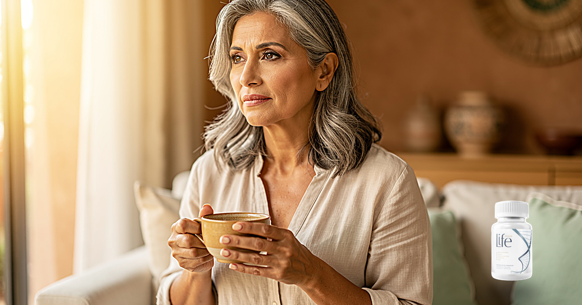 Mujer mayor de 50 en momento calmo de bienestar preventivo, frasco de Müvo Life sutilmente presente.