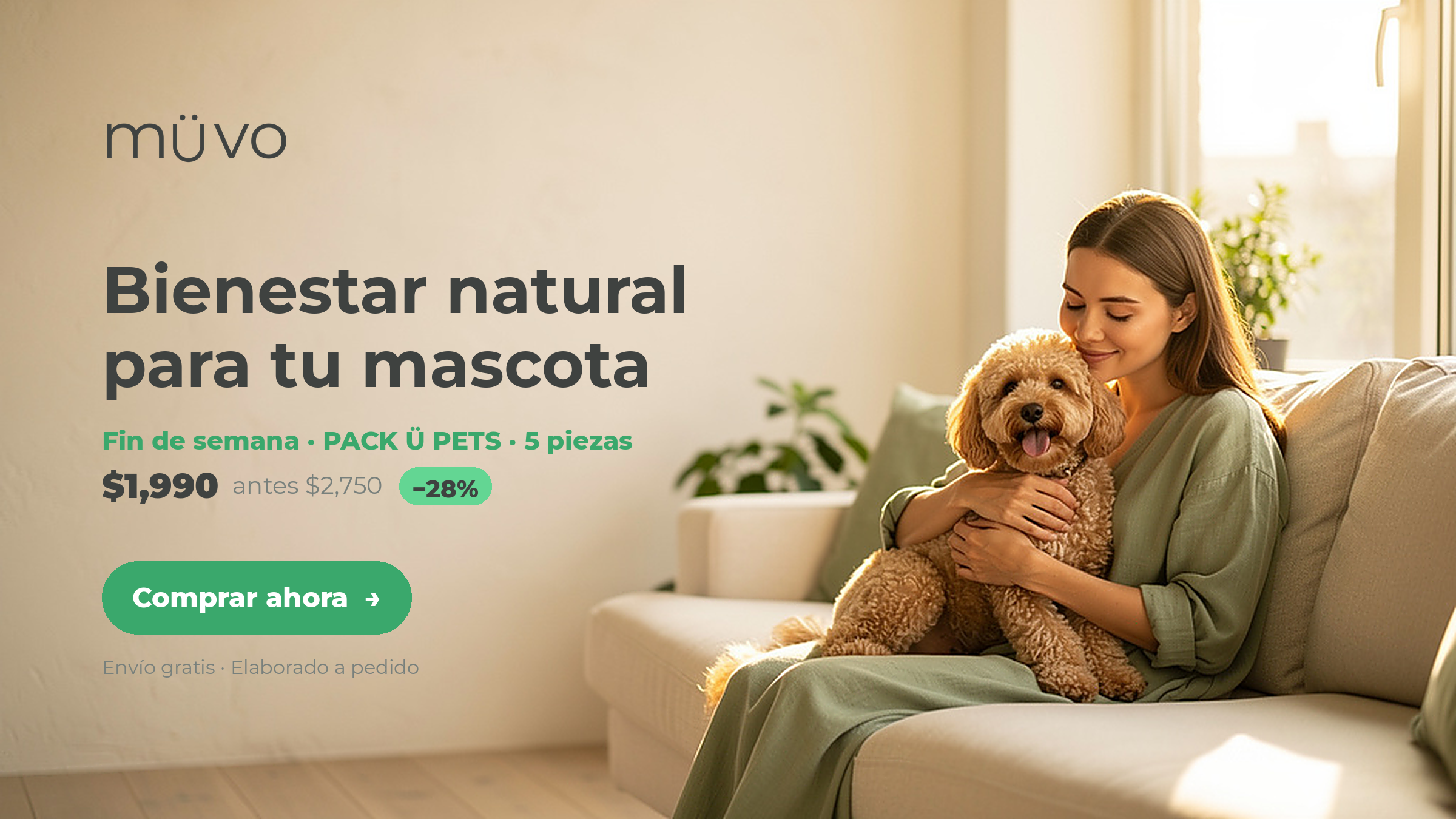 MUVO Pack Ü Pets 5 piezas, bienestar natural para tu mascota, 28% de descuento de fin de semana.