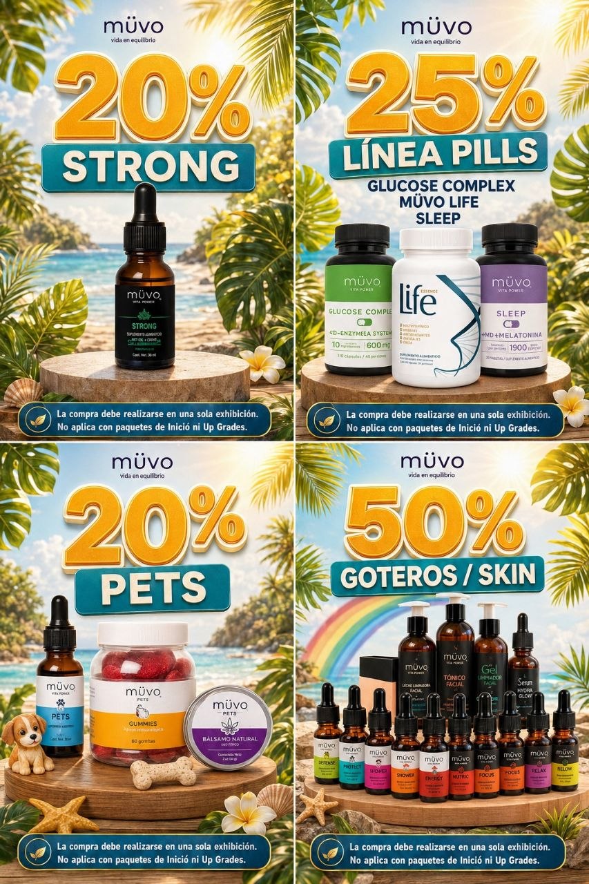 MUVO promo de 4 tiers, 20% Strong, 25% Línea Pills, 20% Pets, 50% Goteros y Skin. Vigente hoy y mañana.
